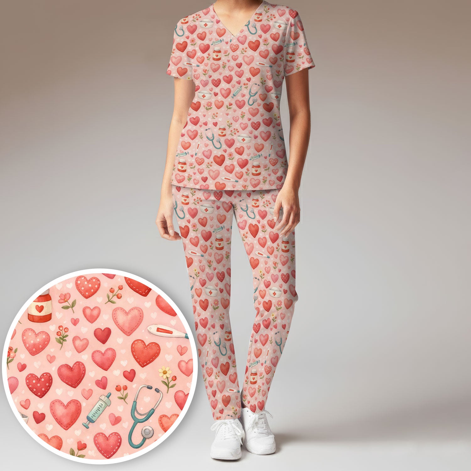 Cute Medical Heart Pattern Scrub Set, Valentine Nurse Scrub Shirt, Breathable Fabrics Nursing Uniform