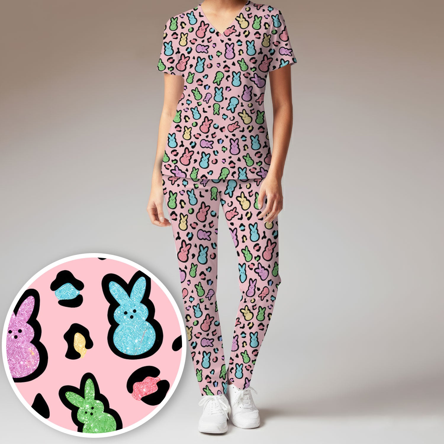 Cute Easter Bunny Pastel Pattern Scrub Set, Scrub Pants and V Neck Top