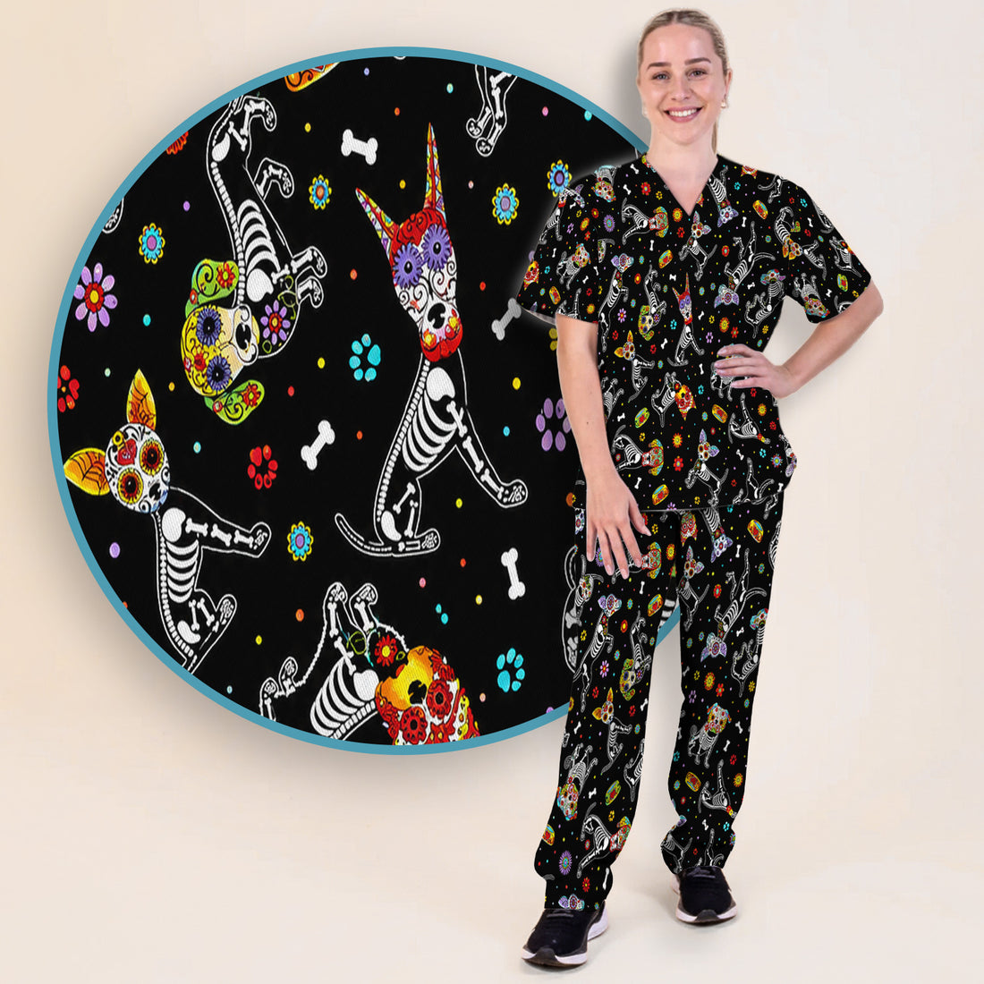 Colorful Day Of The Dead Dogs Scrub Set, Scrub Pants and V Neck Top