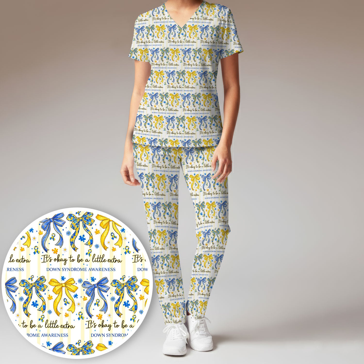 Down Syndrome Awareness Ribbon Pattern Scrub Set, Scrub Pants and V Neck Top