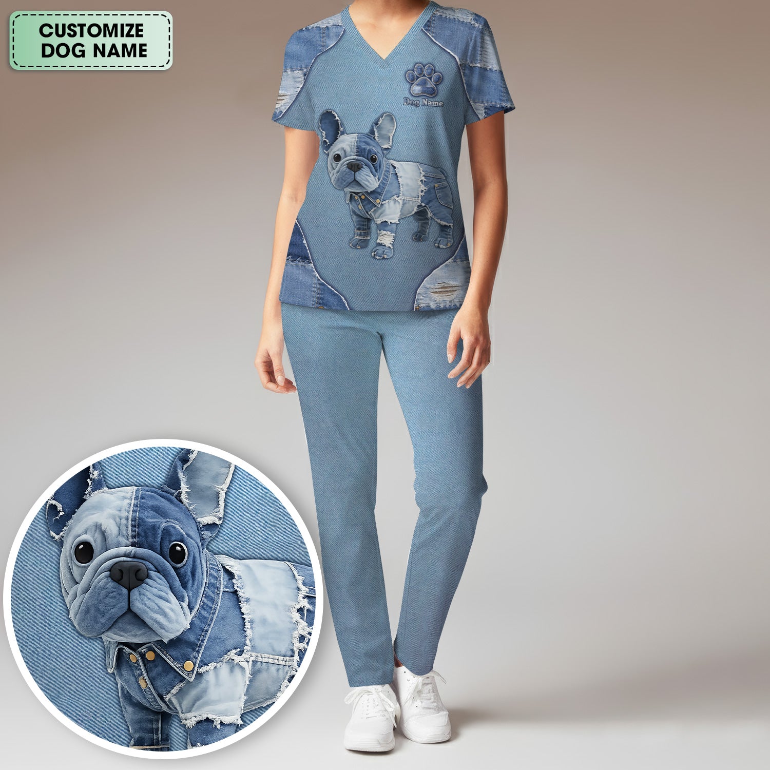 Custom Dog Name Denim French Bulldog Scrub Set ,Scrub Pants and V Neck Top