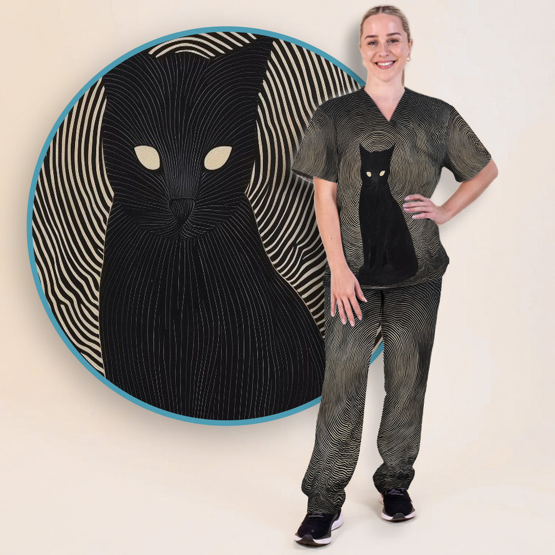 Black Cat Line Art Print Scrub Set, Scrub Pants and V Neck Top