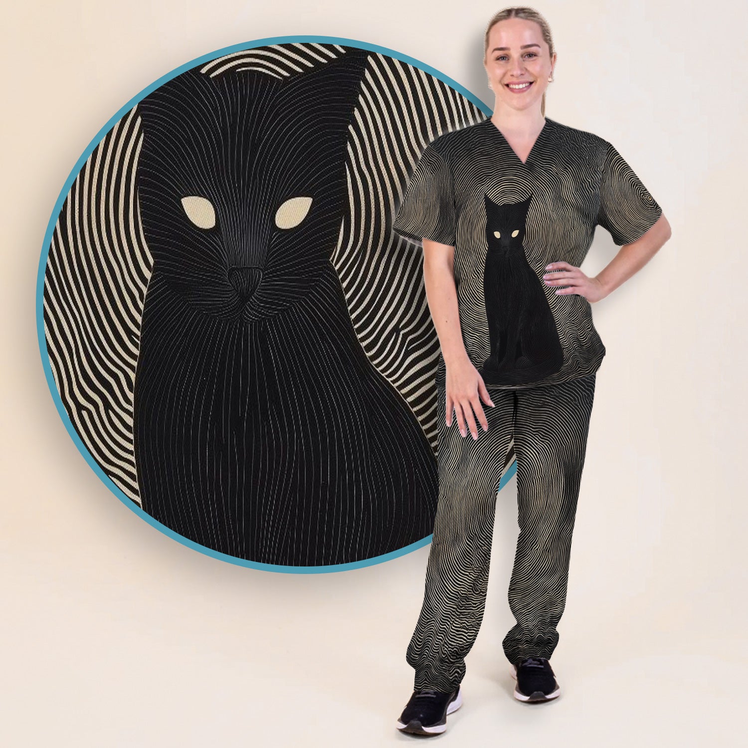 Black Cat Line Art Print Scrub Set, Scrub Pants and V Neck Top