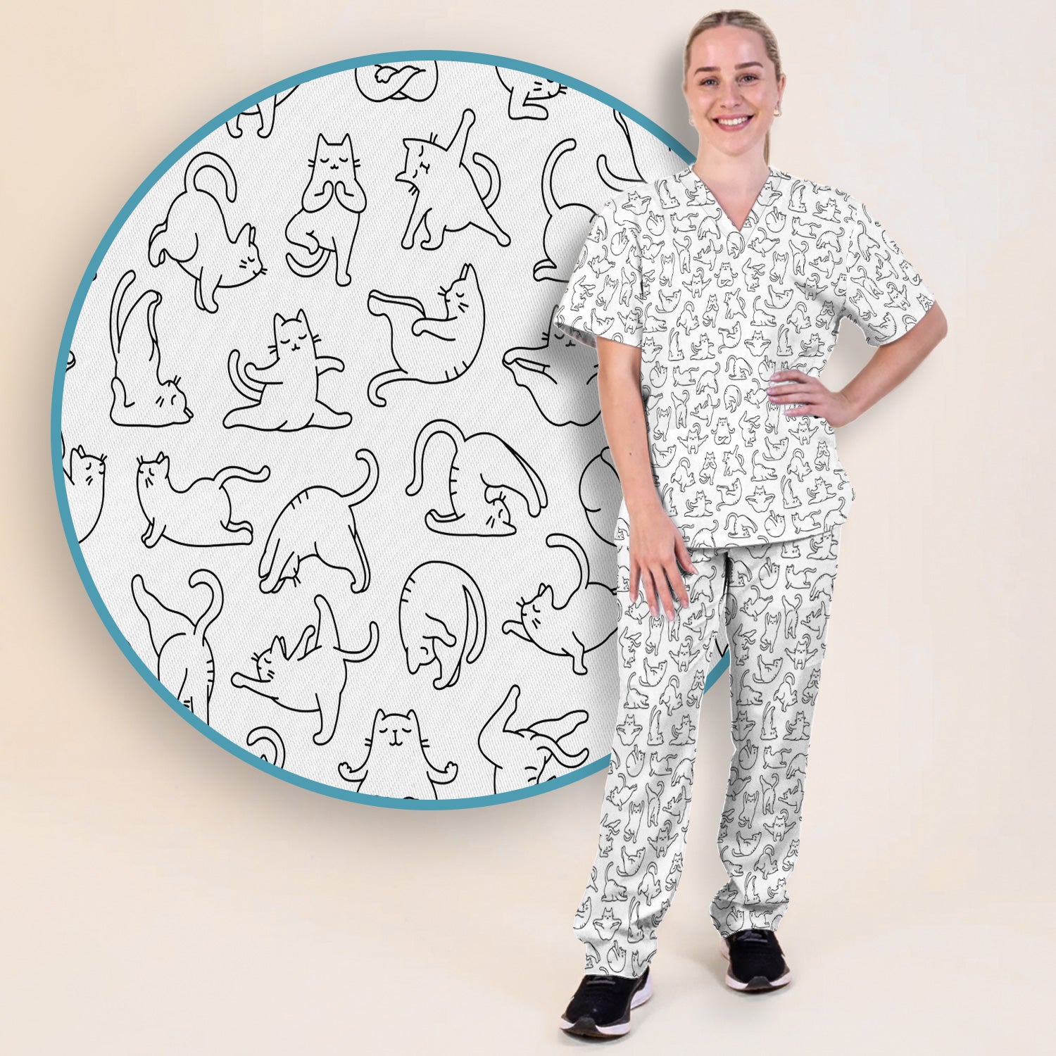 Cute Cat Outline Playing Pattern Scrub Set, Scrub Pants and V Neck Top