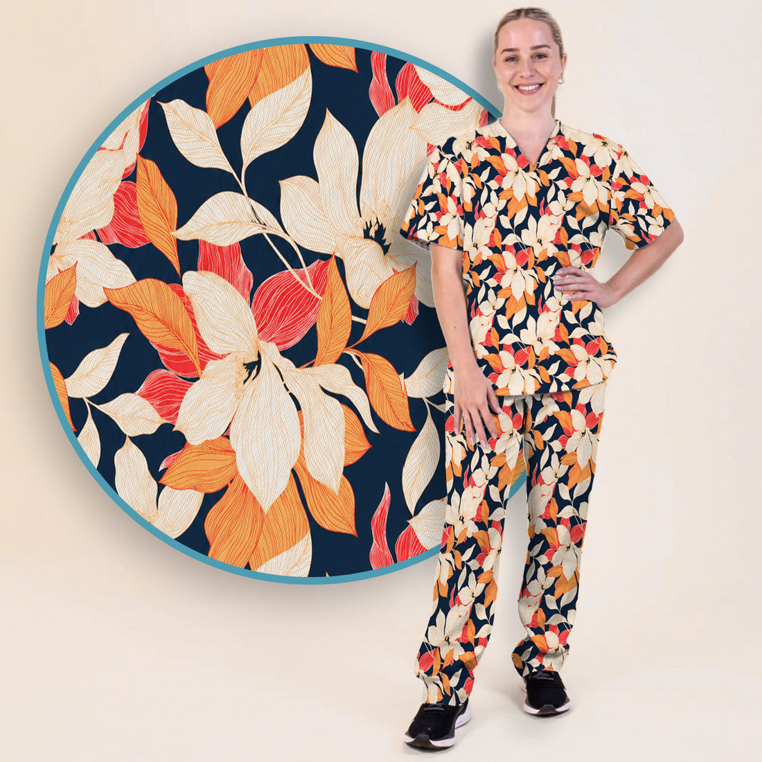 Elegant Ivory Lily Leaves Pattern Scrub Set, Scrub Pants and V Neck Top