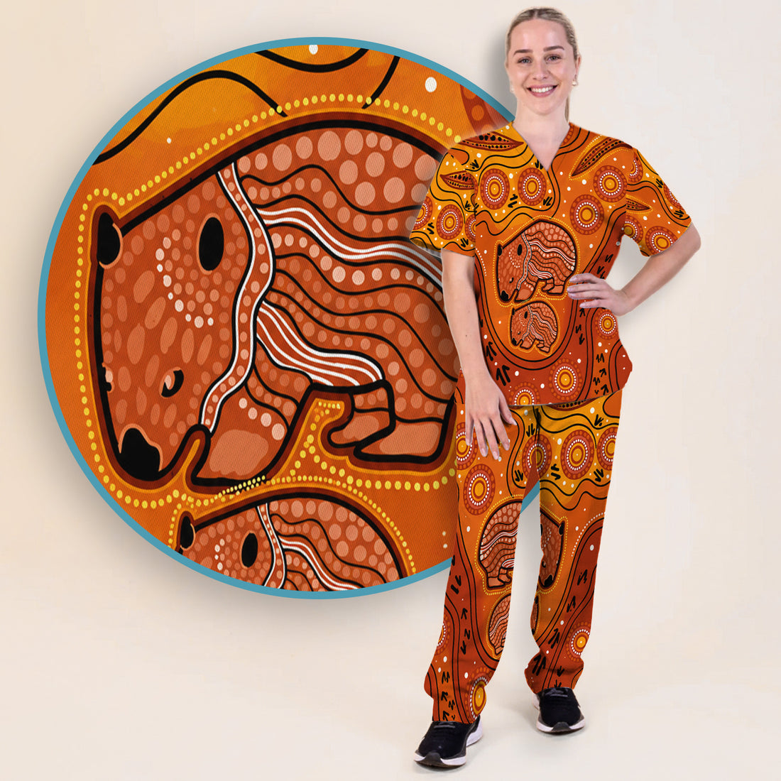 Australian Aboriginal Wombat Family Art Pattern Scrub Set, Scrub Pants and V Neck Top