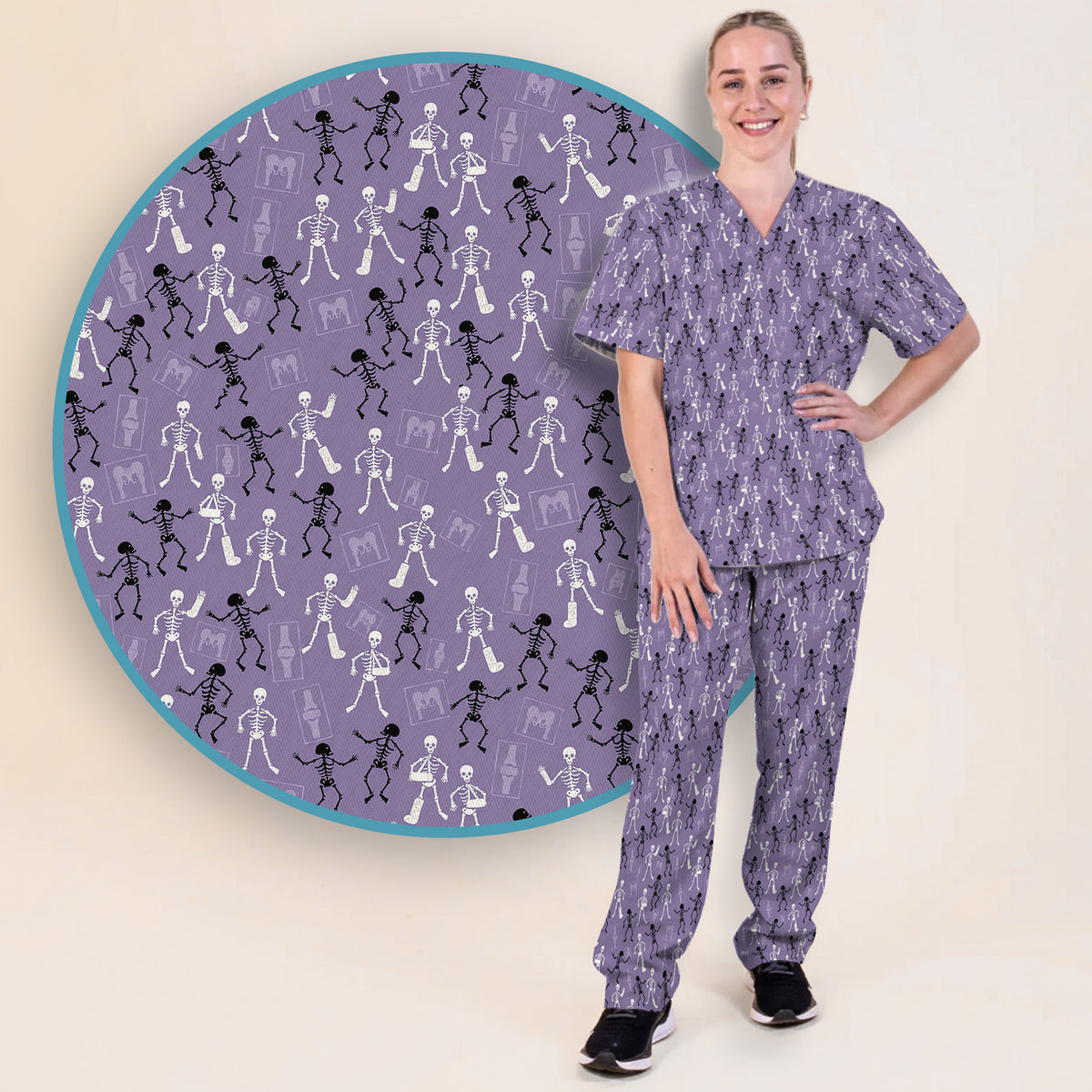 Halloween Orthopedic Skeleton Scrub Set, Scrub Pants and V Neck Top for Orthopedic Nurses