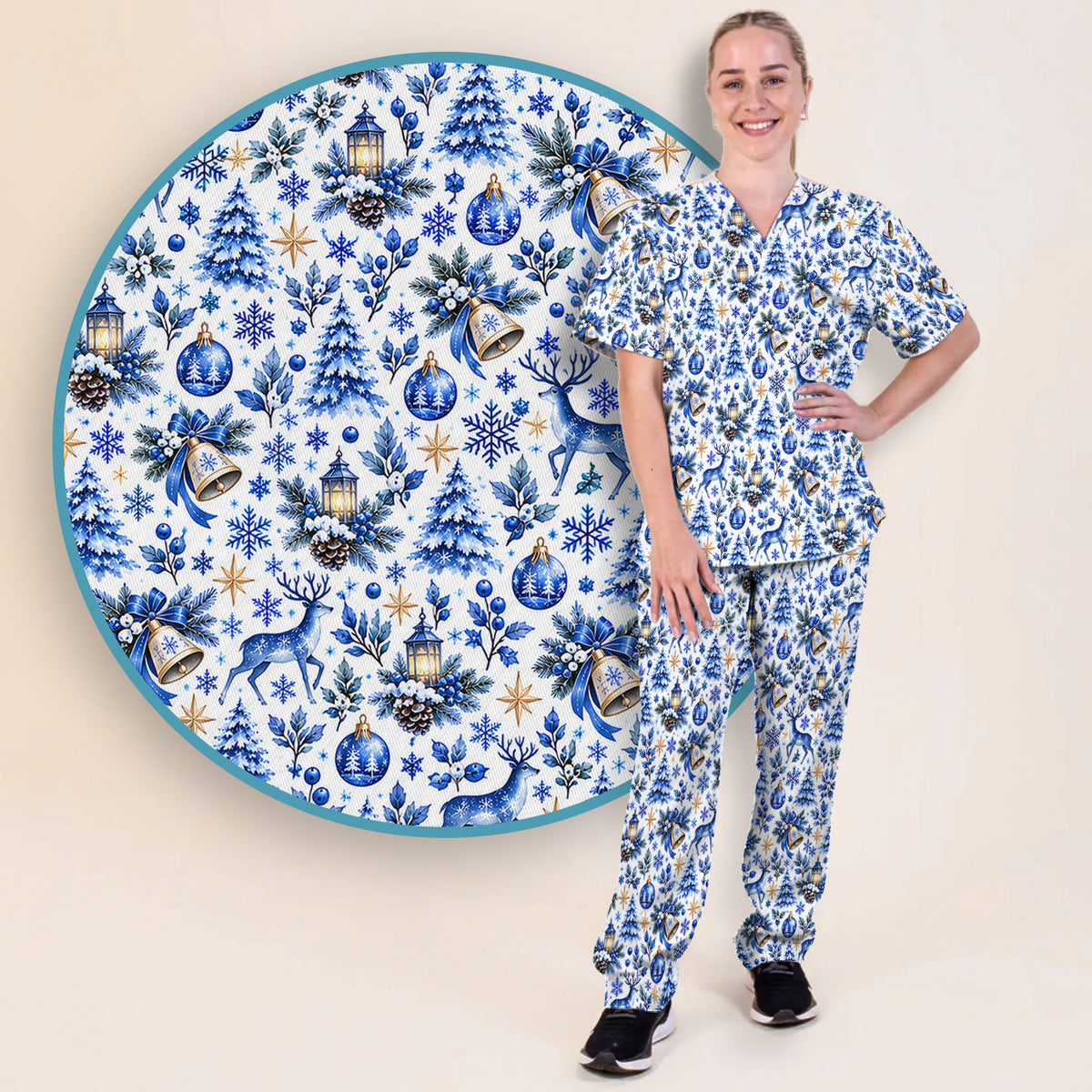 Blue Christmas Reindeer And Winter Trees Scrub Set, Scrub Pants and V Neck Top