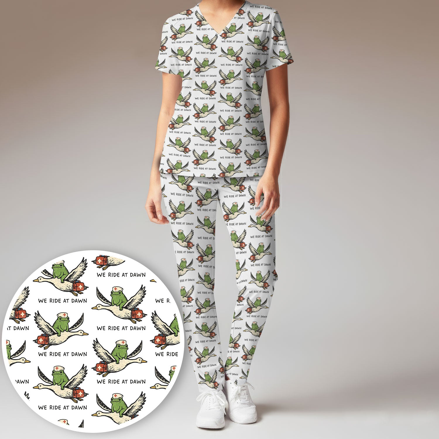 Funny Frog Riding Goose Nurse Pattern Scrub Set, Nurse Uniform Scrubs Set