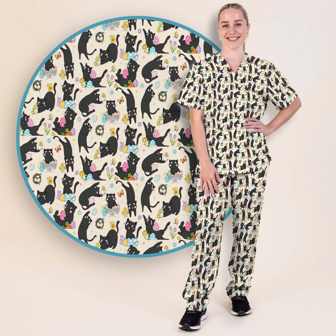 Playful Black Cat Easter Egg Pattern Scrub Set, Scrub Pants and V Neck Top