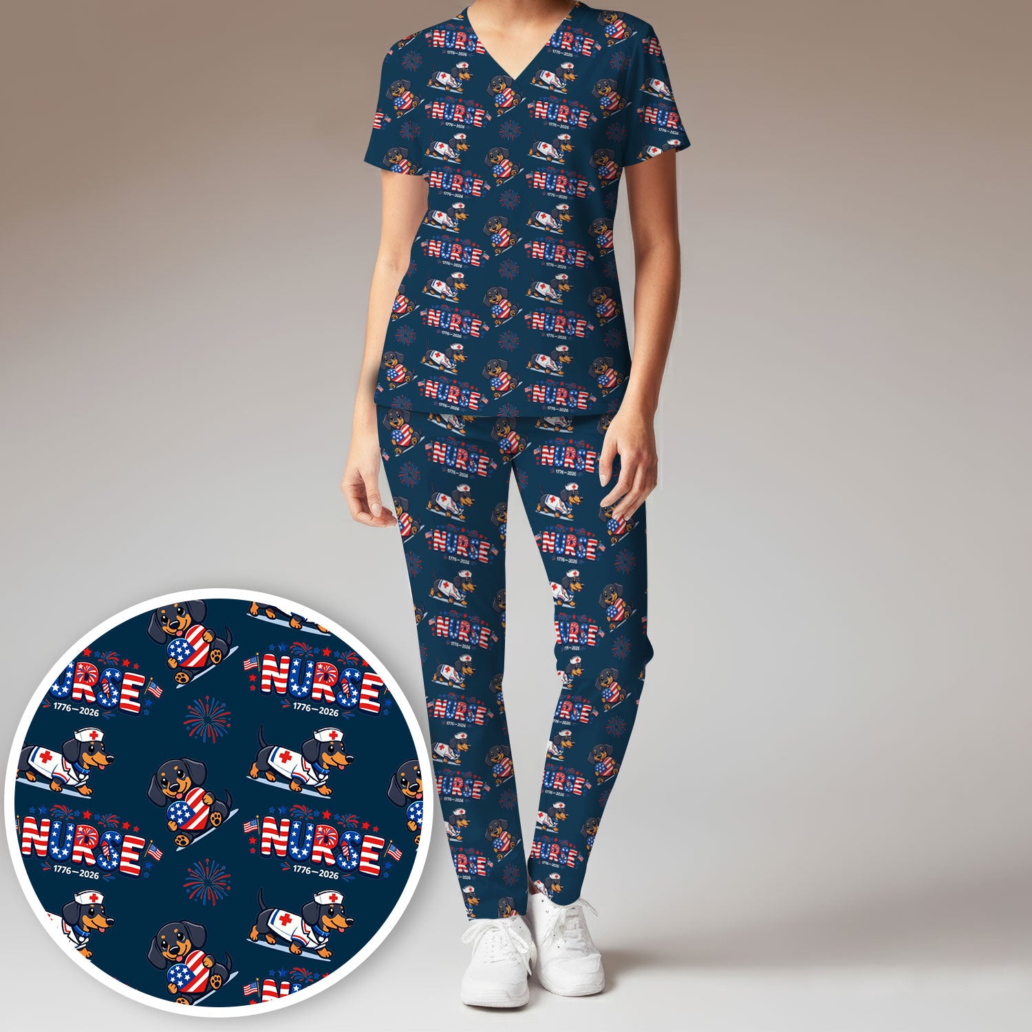 Proud Nurse Patriotic Dachshund Medical Firework Pattern Scrub Set, Nurse Uniform Scrubs Set