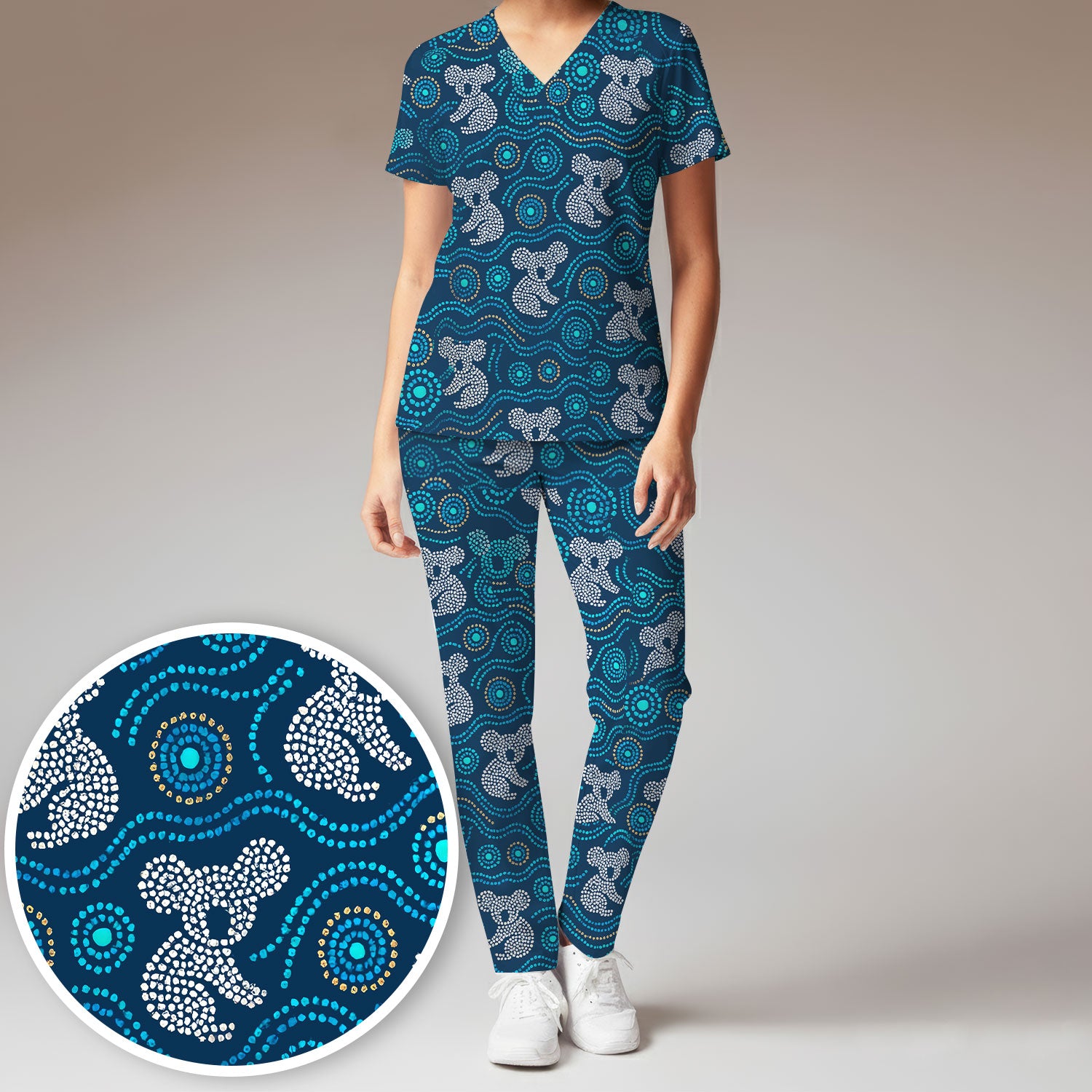 Australian Koala Aboriginal Dot Art Scrub Set, Aboriginal Pattern Shirt, Breathable Nursing Uniform