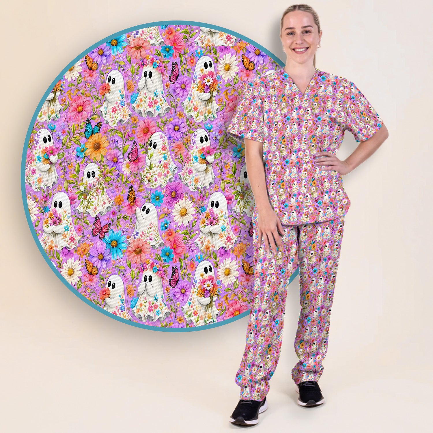 Cute Halloween Floral Ghosts And Butterflies Scrub Set, Scrub Pants and V Neck Top