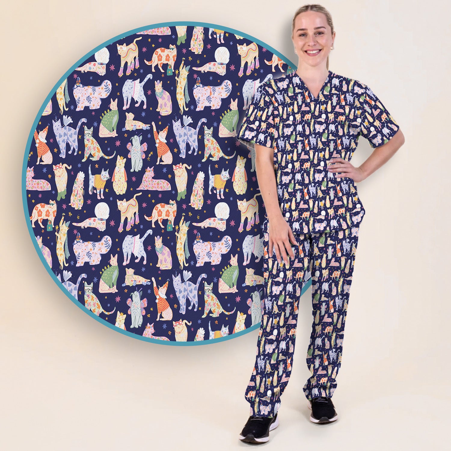Cute Colorful Cats Pattern Scrub Set, Scrub Pants and V Neck Top