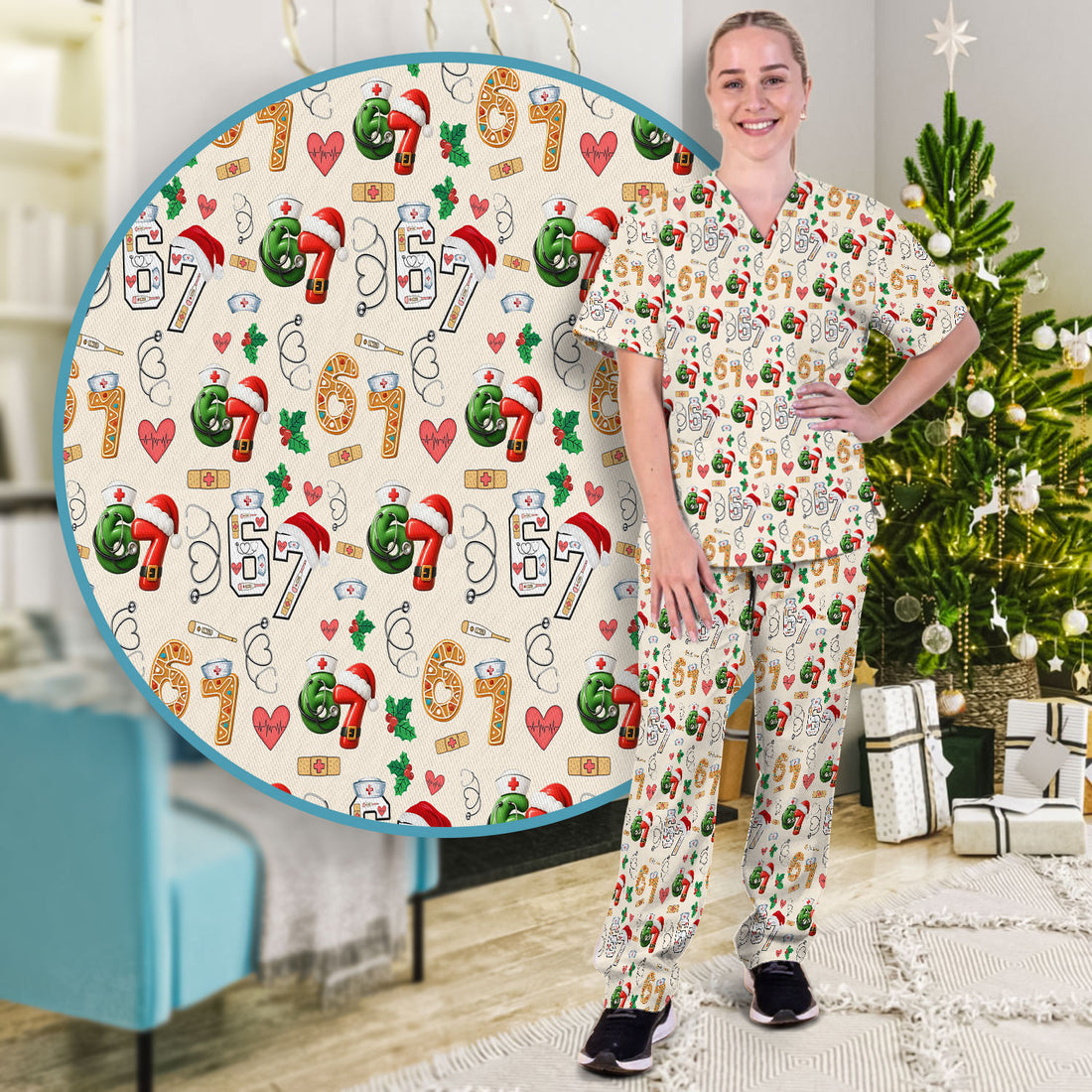 Christmas Nurse 67 Pattern Scrub Set, Cute Holiday Medical Uniform With Santa Hat, Uniform For Nursing