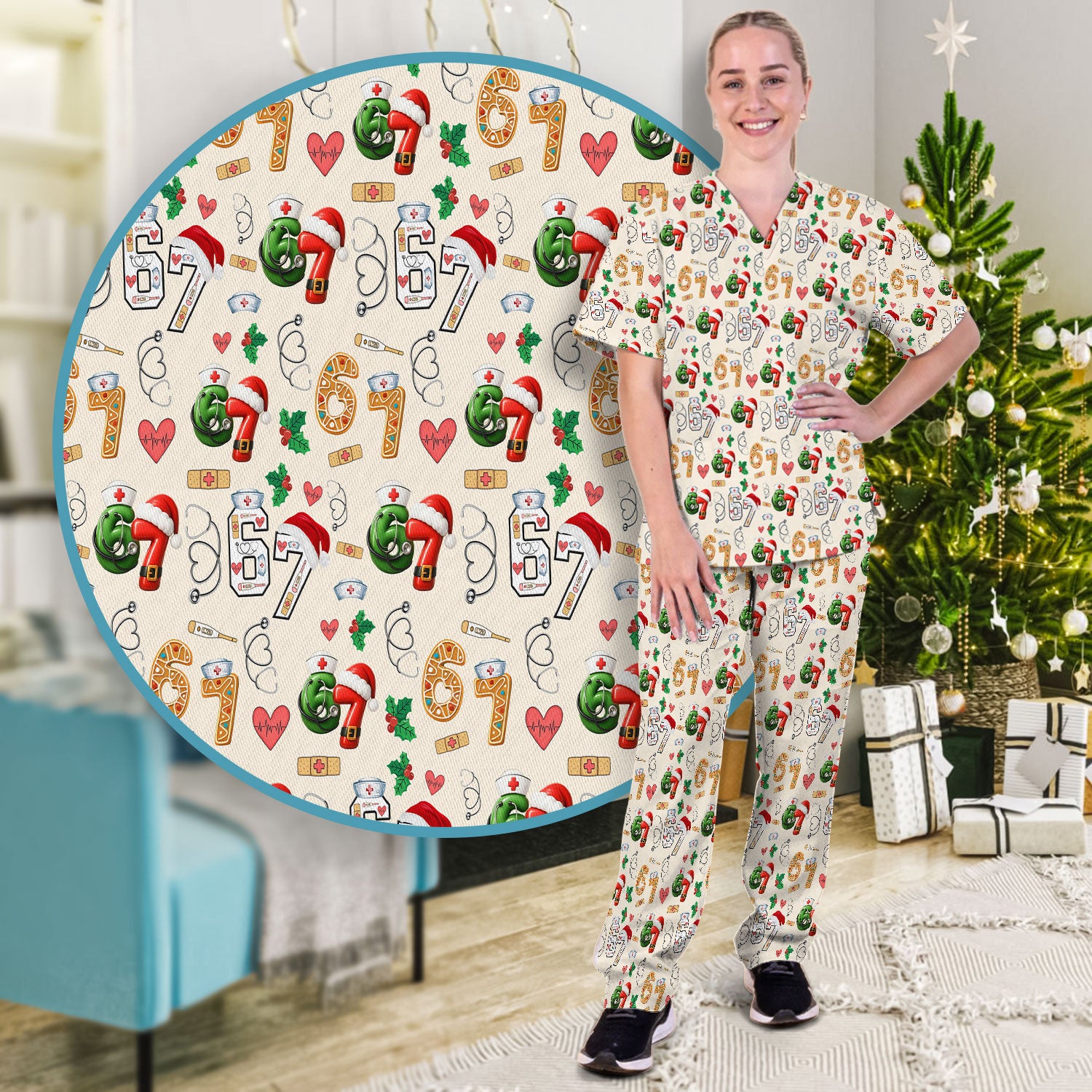 Christmas Nurse 67 Pattern Scrub Set, Cute Holiday Medical Uniform With Santa Hat, Uniform For Nursing