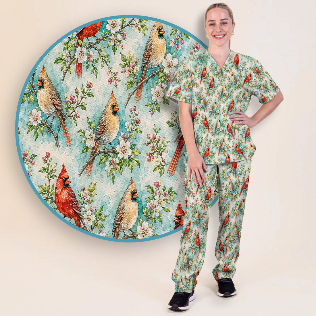 Cardinal Blossom Branch Pattern Scrub Set, Scrub Pants and V Neck Top