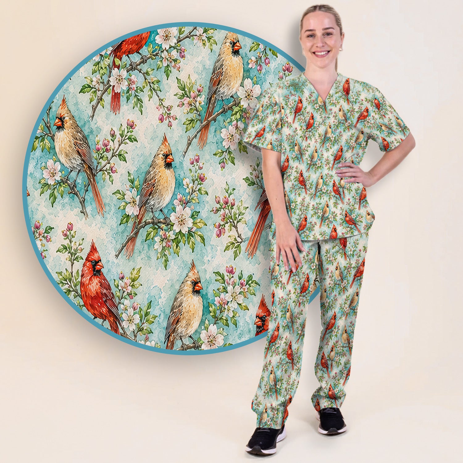 Cardinal Blossom Branch Pattern Scrub Set, Scrub Pants and V Neck Top