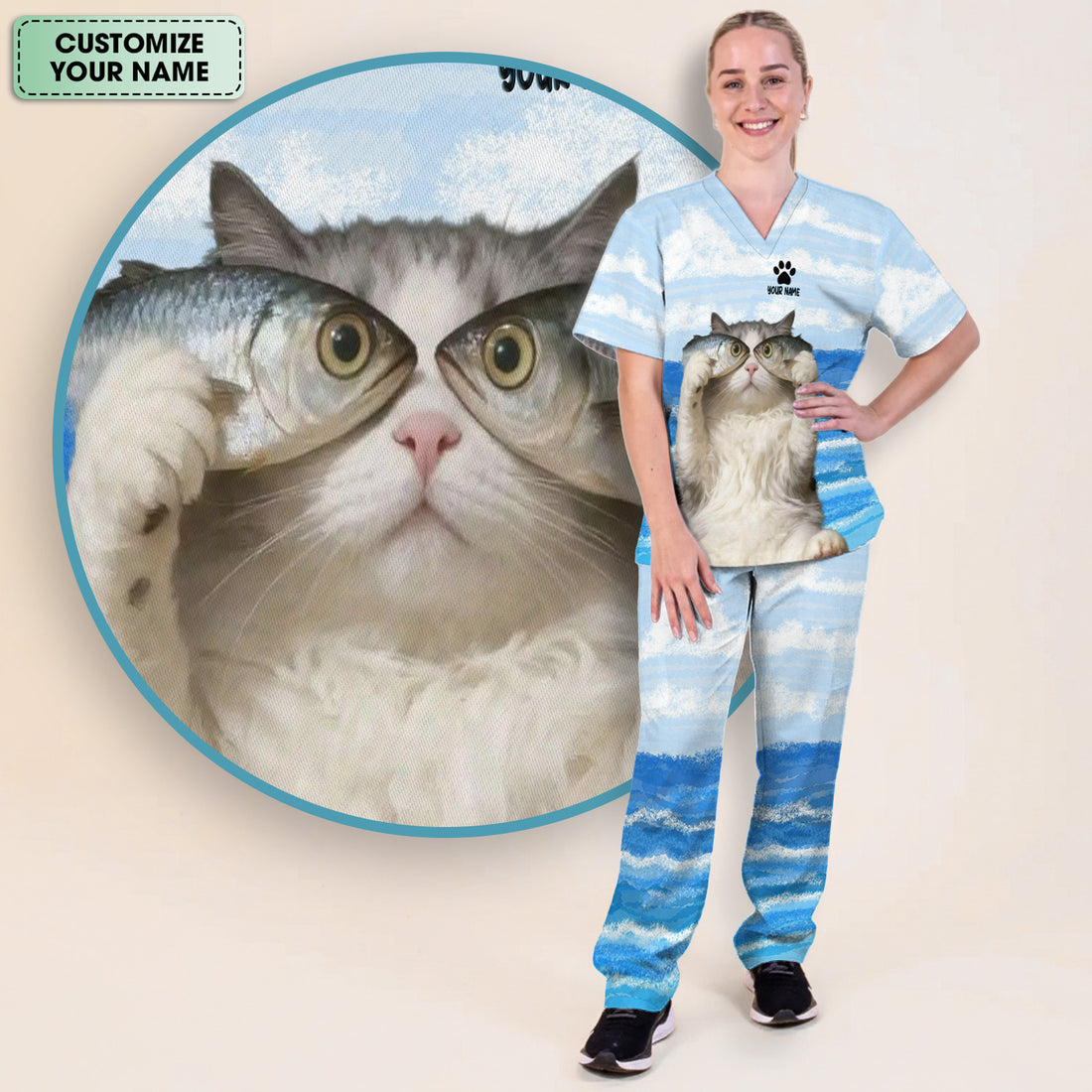 Personalized Cat Holding Fish Pattern Nurse Scrub Set, Scrub Pants and V Neck Top