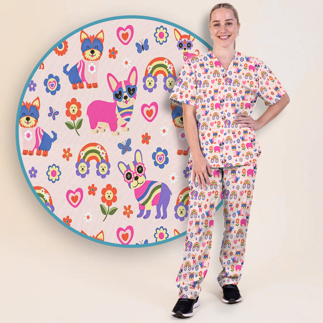 Colorful Cartoon Dogs With Rainbow Flowers Pattern Pattern Scrub Set, Scrub Pants and V Neck Top