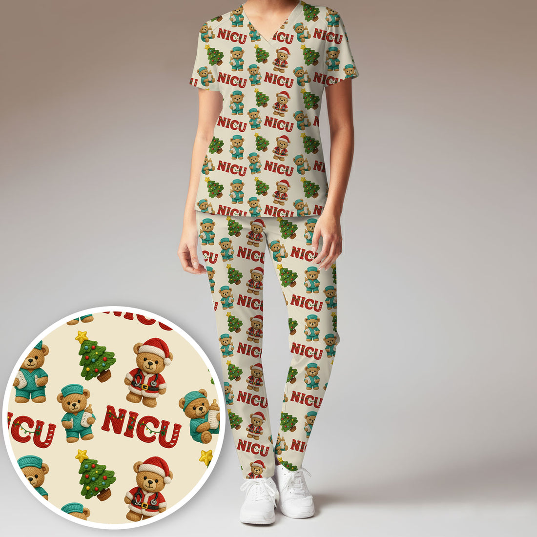 Festive Christmas NICU Nurse Teddy Bear Pattern Scrub Set, Breathable Med Uniform