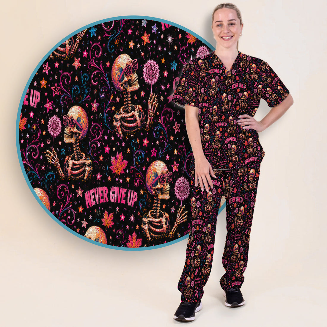 Breast Cancer Awareness Skeletons Pattern Scrub Set, Scrub Pants and V Neck Top