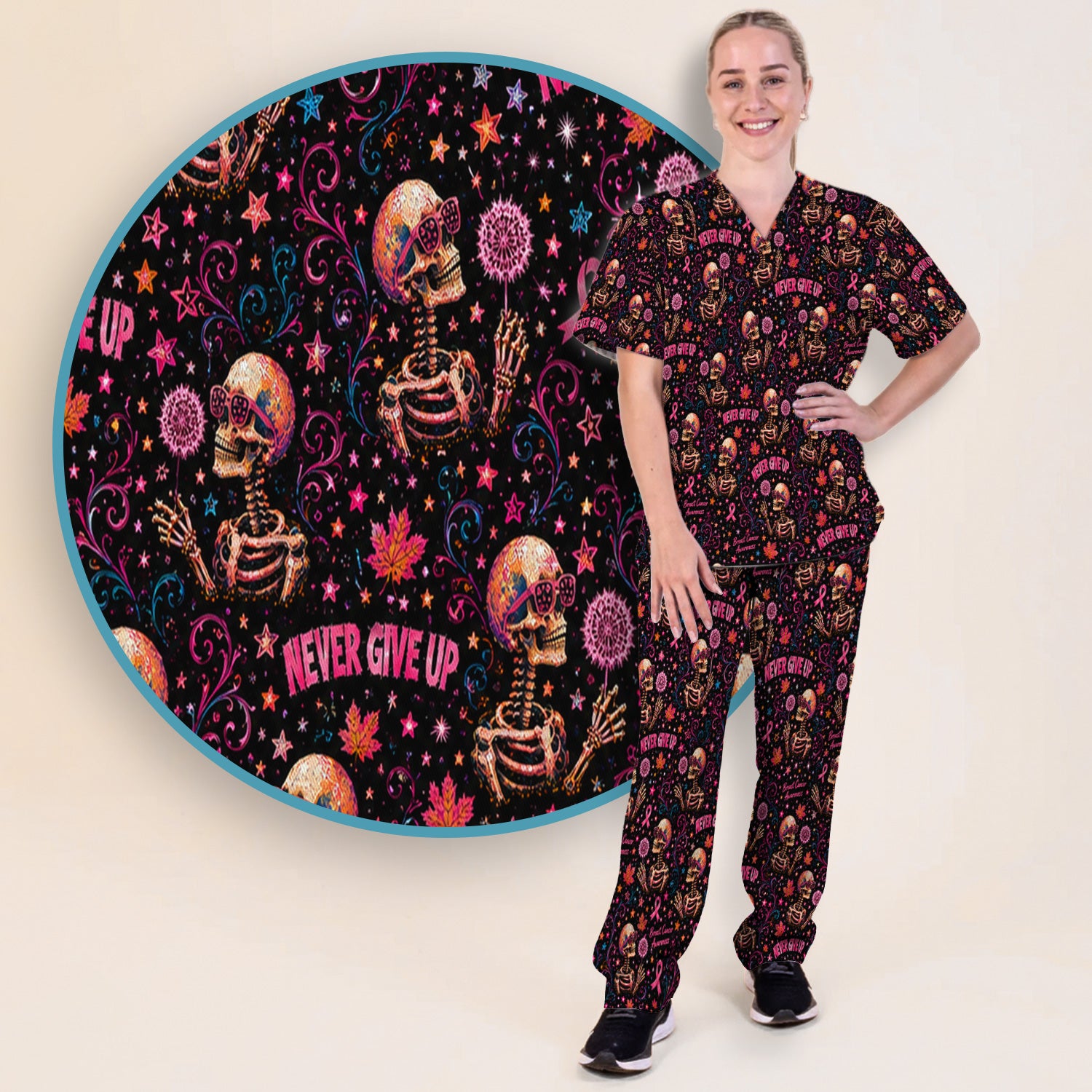Breast Cancer Awareness Skeletons Pattern Scrub Set, Scrub Pants and V Neck Top