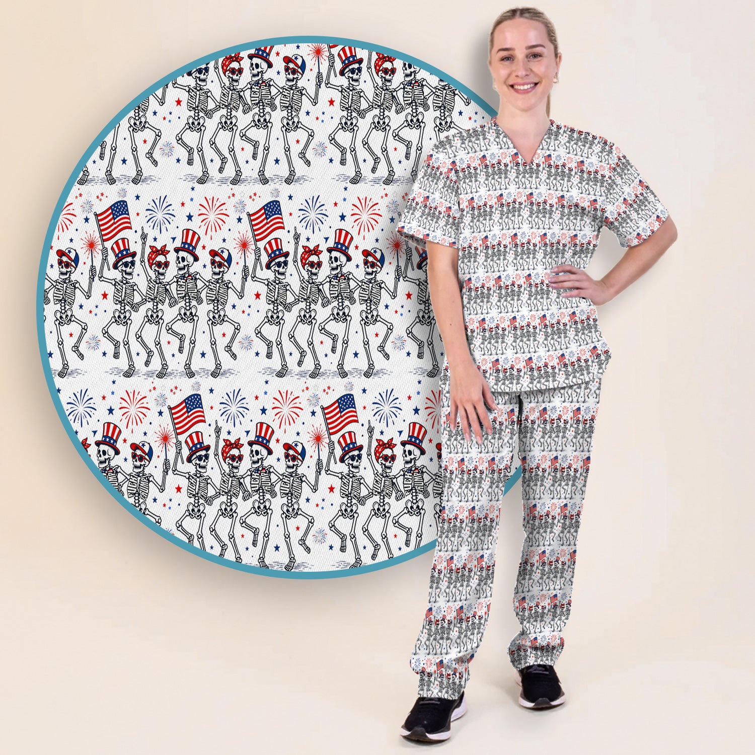Funny Patriotic Skeleton Pattern, July 4 Medical Scrub Set, Scrub Pants and V Neck Top