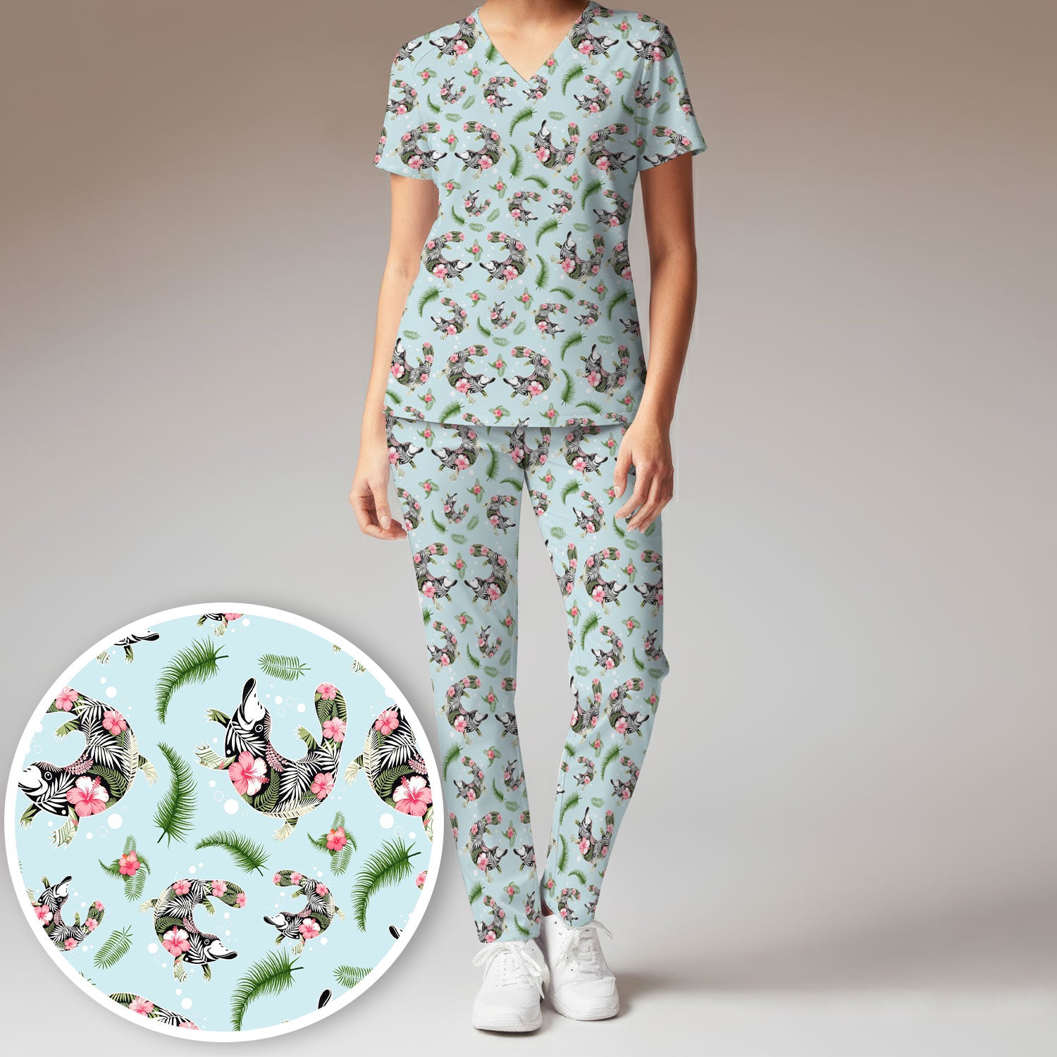 Cute Platypus Scrub Set, Tropical Floral Animal Pattern Nurse Shirt, Breathable Fabrics Nursing Uniform