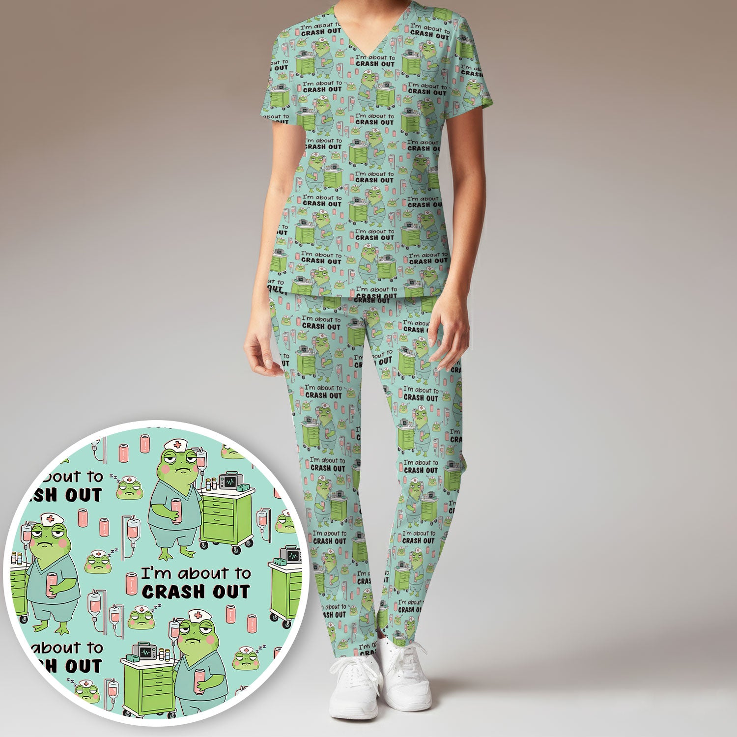 Funny Frog Pattern Nurse Scrub Set, I’m About to Crash Out Nurse Shirt, Breathable Fabrics Nursing Uniform