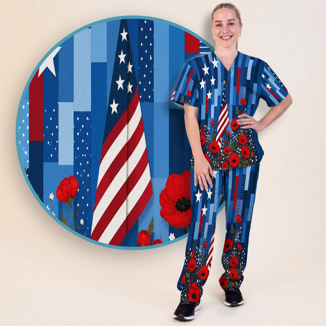 Patriotic Nurse Flag Poppy Pattern Scrub Set, Scrub Pants and V Neck Top
