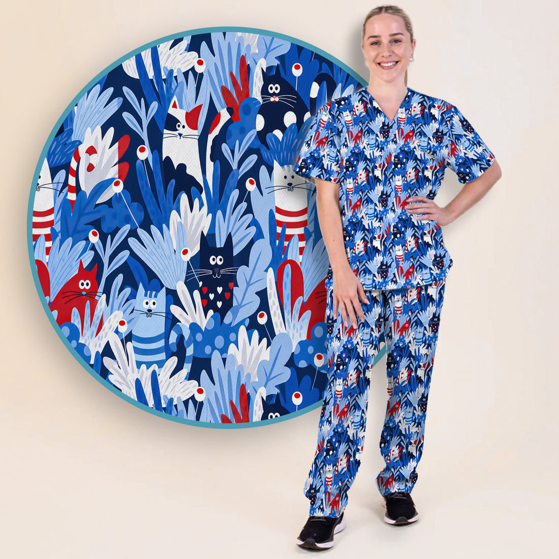 Cute Cats Among Blue Foliage Pattern Scrub Set, Scrub Pants and V Neck Top