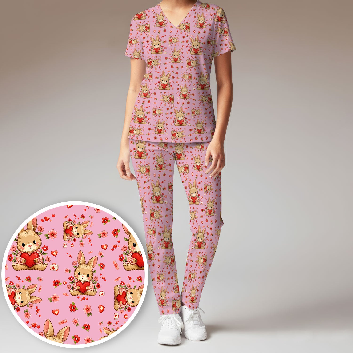 Adorable Bunny Heart Healthcare Design Scrub, Breathable Med Uniform