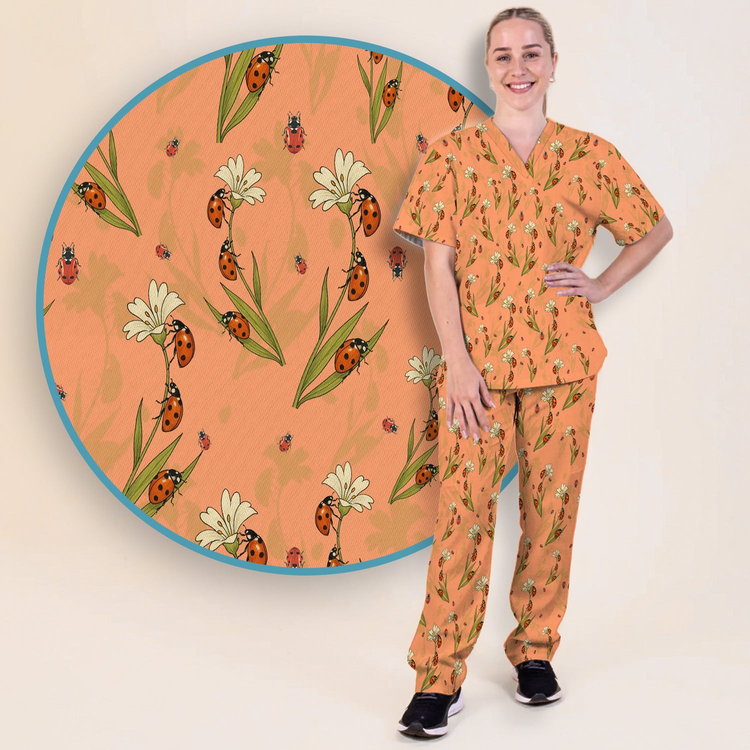 Fresh Daisy Ladybug Garden Pattern Scrub Set, Nurse Uniform Scrubs Set
