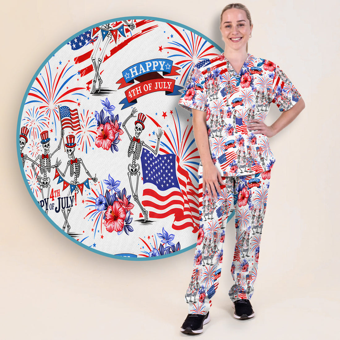 Funny 4th Of July Skeleton Nurse for RN & CNA, Patriotic Fireworks Medical Uniform Scrub Set, Scrub Pants and V Neck Top