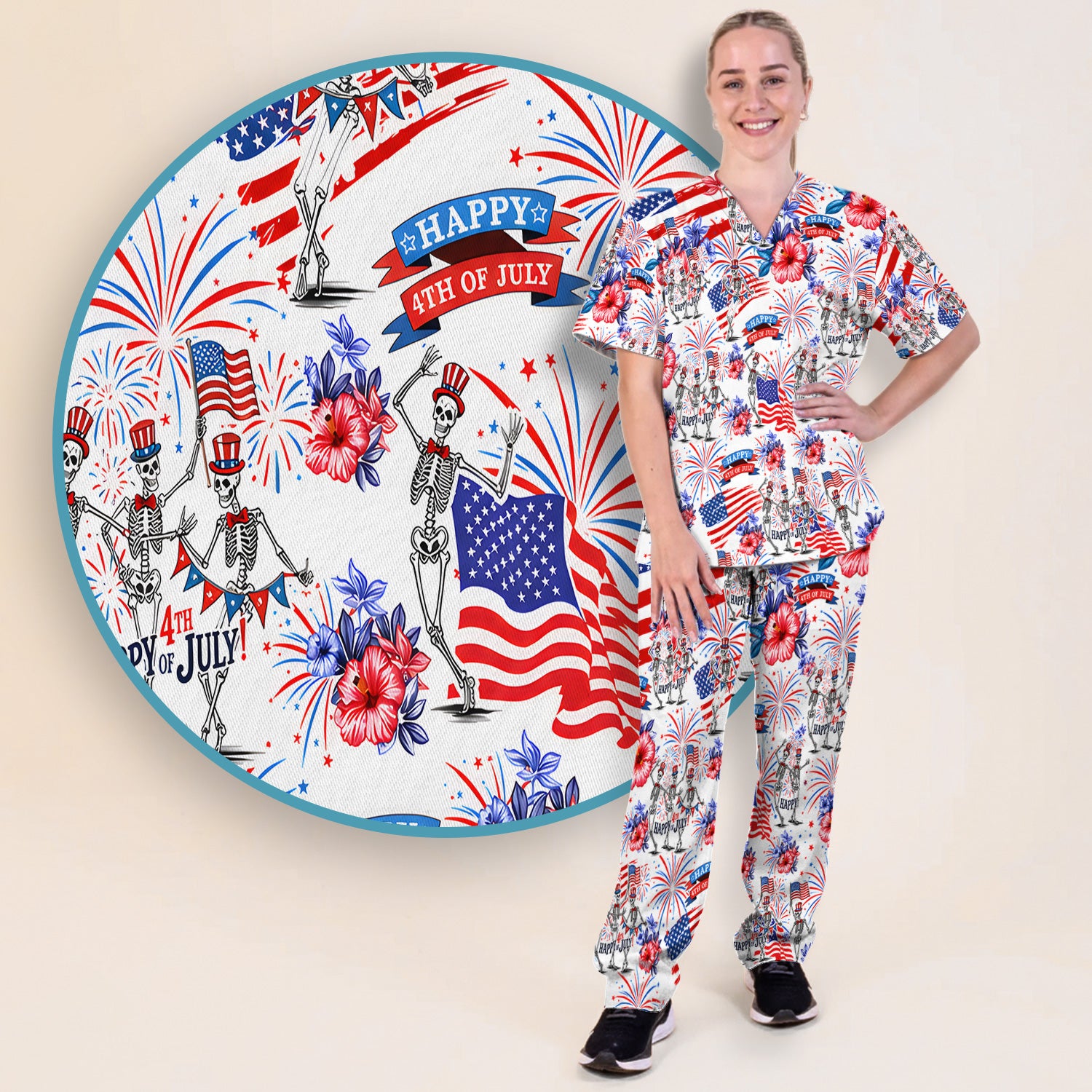 Funny 4th Of July Skeleton Nurse for RN & CNA, Patriotic Fireworks Medical Uniform Scrub Set, Scrub Pants and V Neck Top