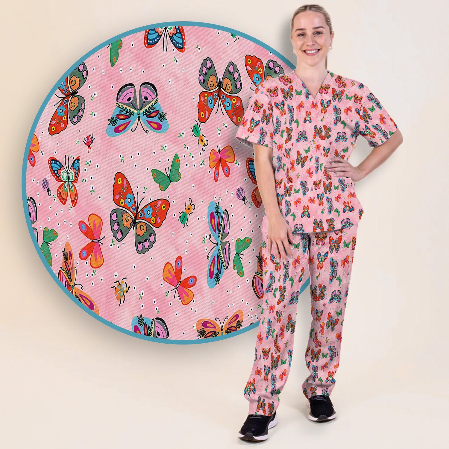 Colorful Butterfly Garden Pattern Scrub Set, Scrub Pants and V Neck Top