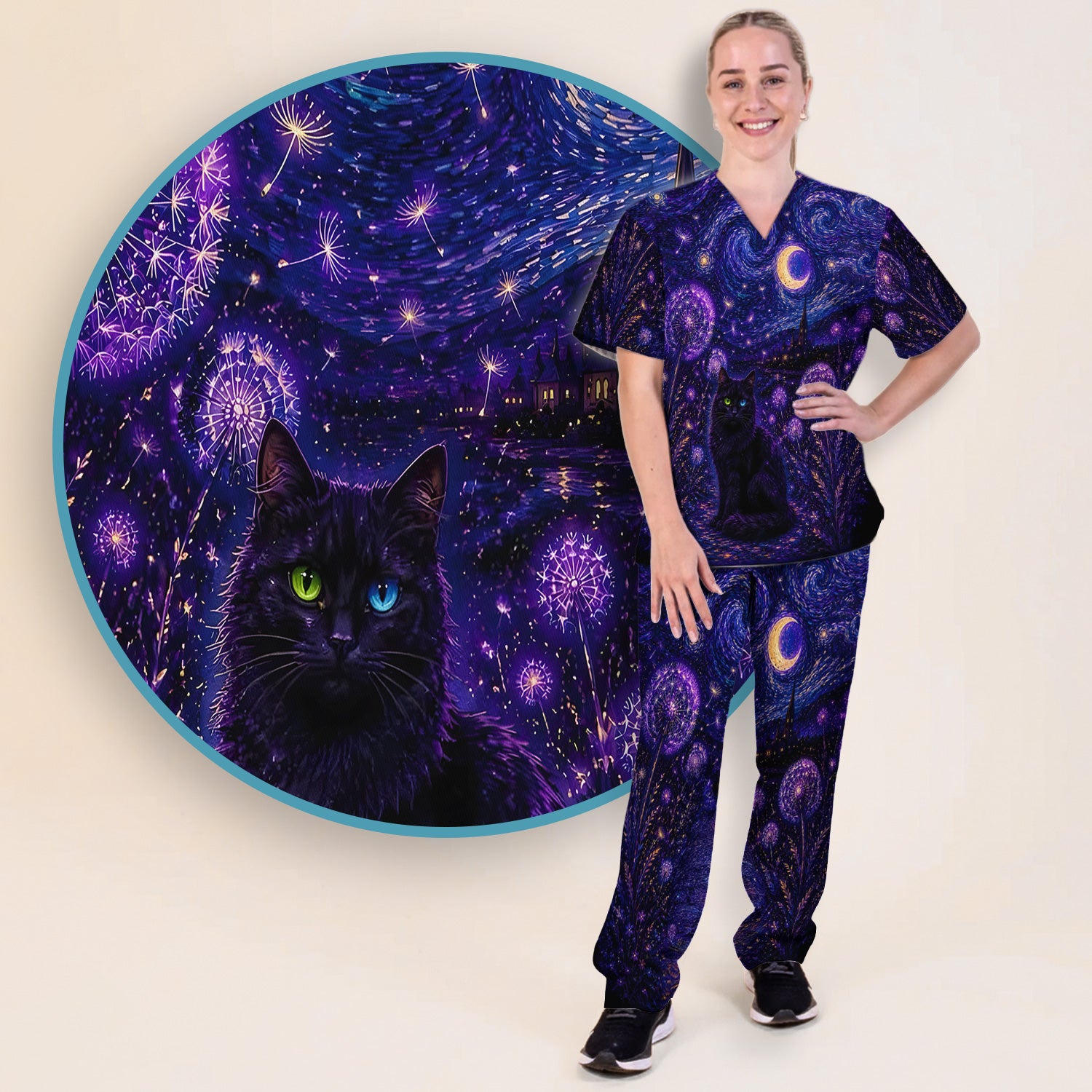 Mystical Black Cat Starry Night Print Scrub Set, Scrub Pants and V Neck Top