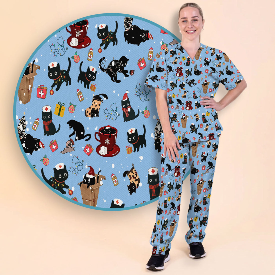 Funny Cat Scrub Sets for Women - Christmas Black Cats Pants and V Neck Top - Breathable Fabrics Nursing Uniform