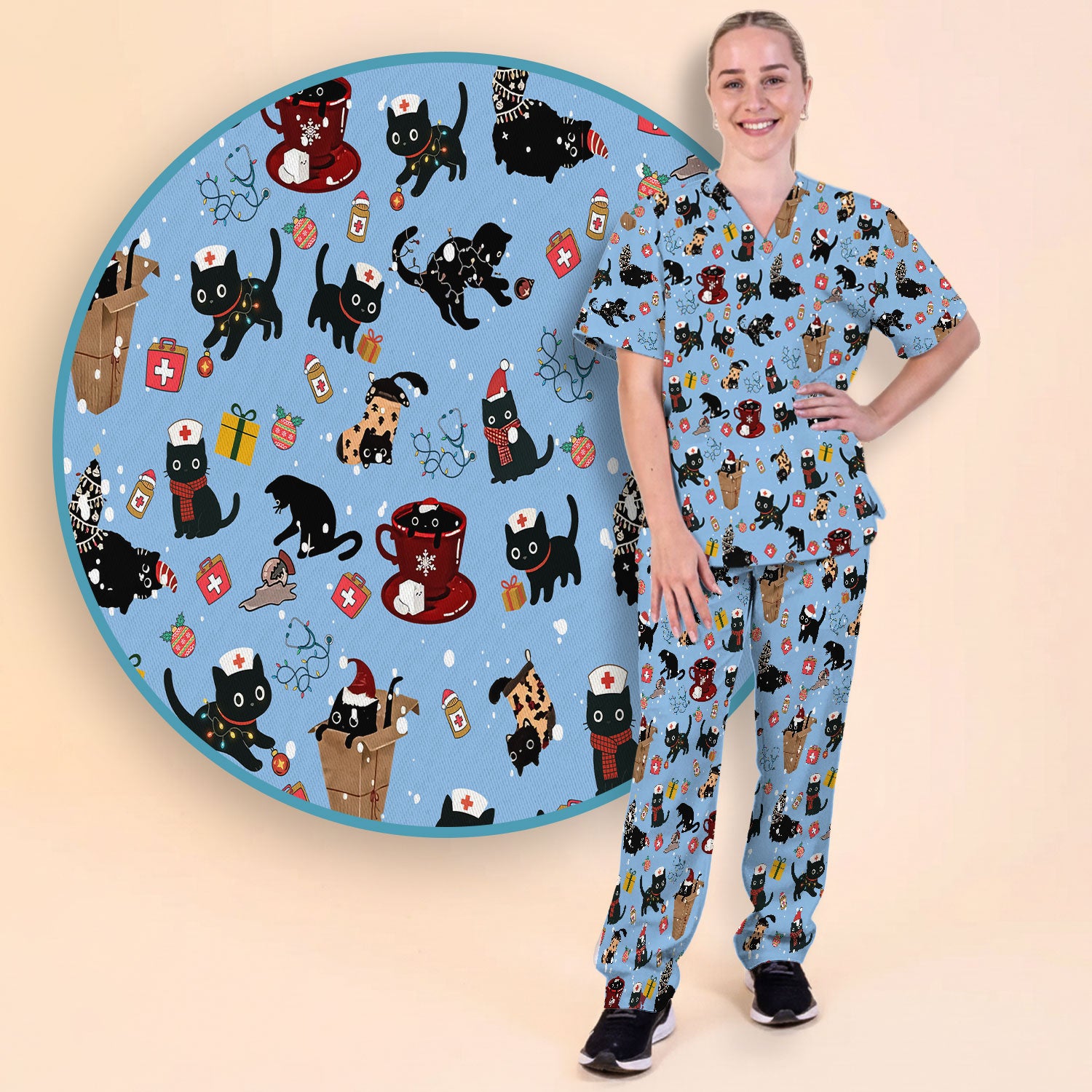 Funny Cat Scrub Sets for Women - Christmas Black Cats Pants and V Neck Top - Breathable Fabrics Nursing Uniform