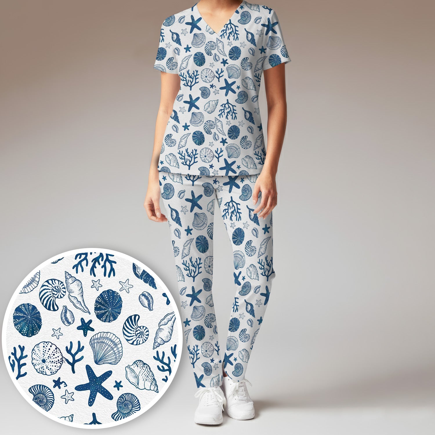 Cute Ocean Shell Starfish Pattern Scrub Set, Scrub Pants and V Neck Top