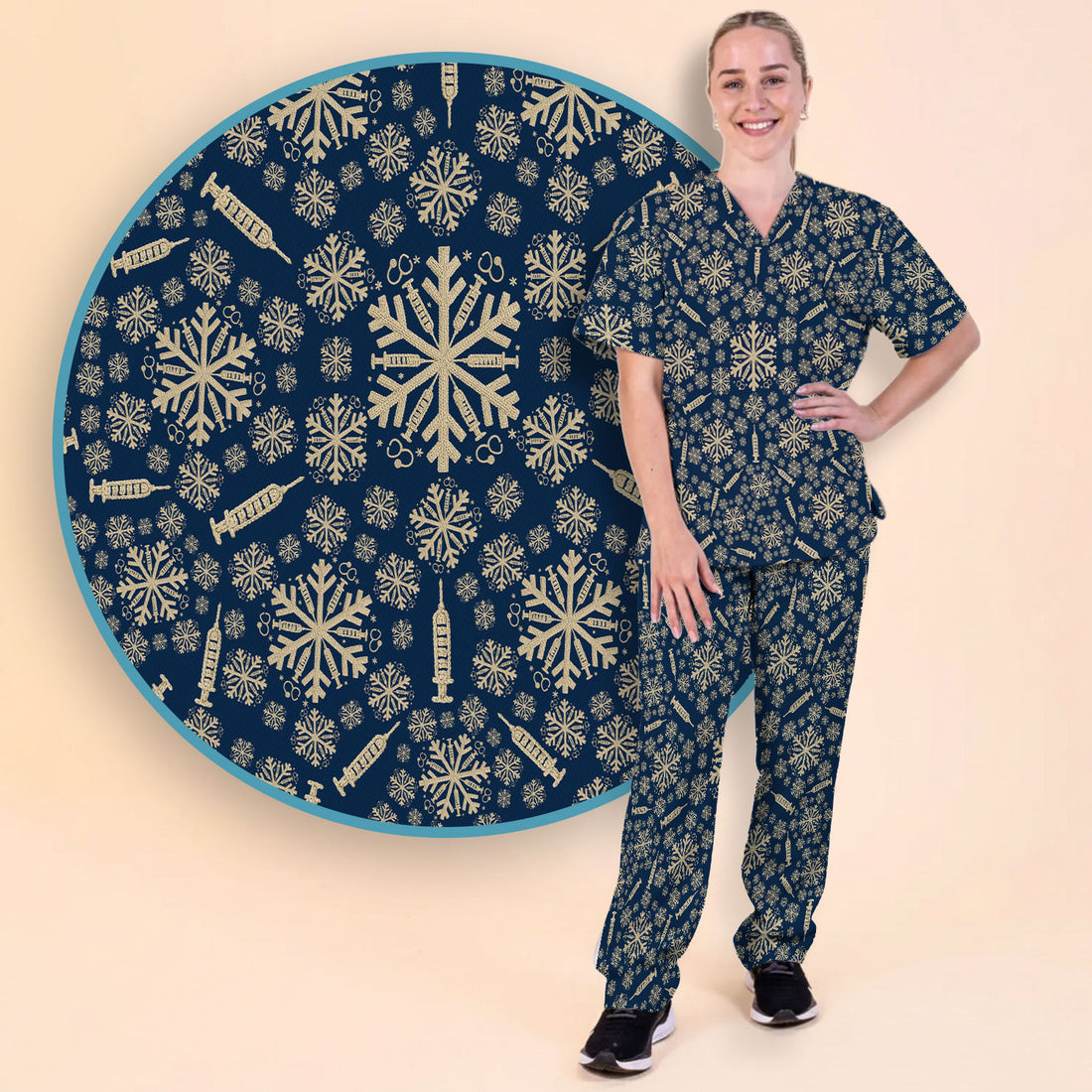 Snowflake Syringe Scrubs Pants and V Neck Top for Women - Winter Snow Medical Set - Funny Christmas Gift for Nurse