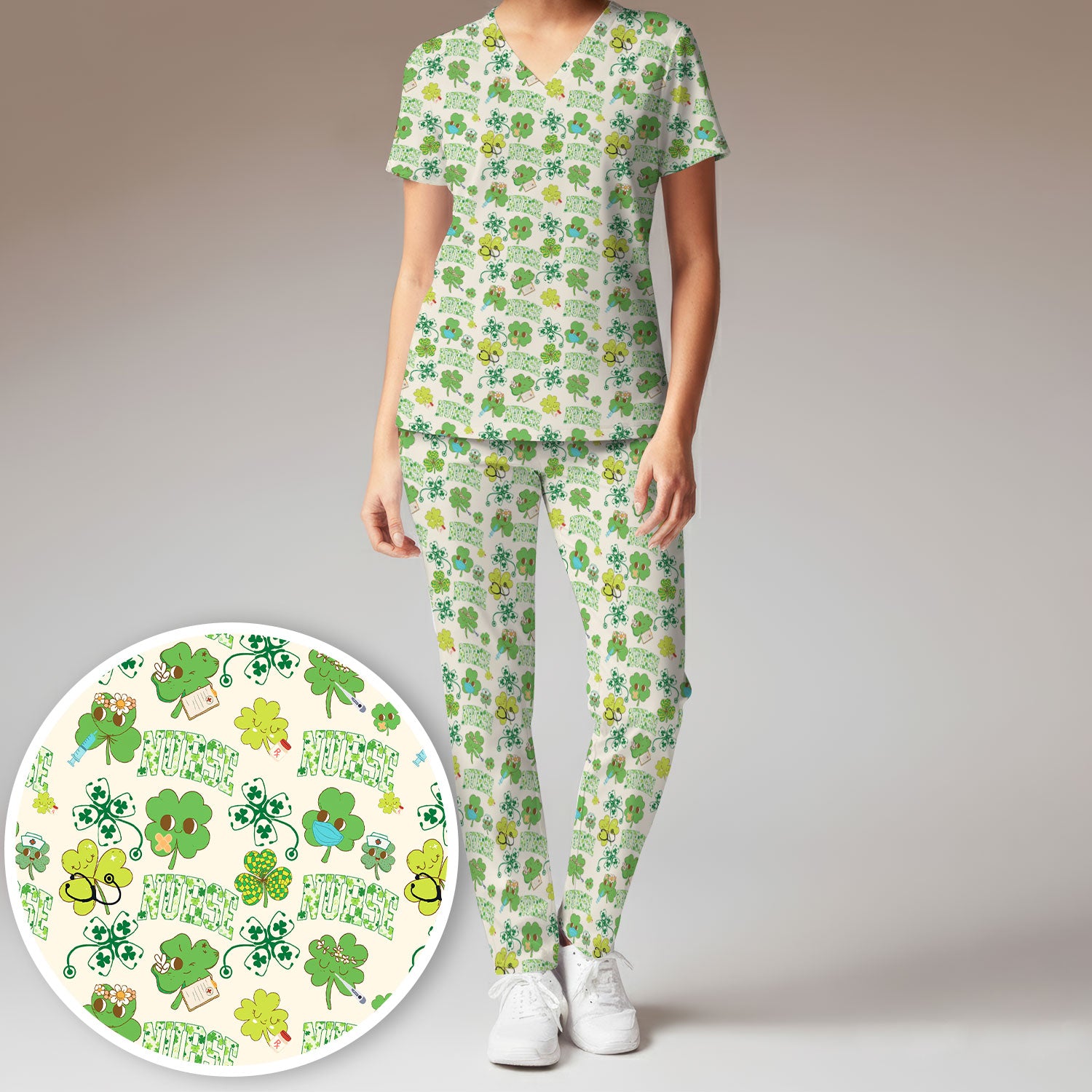 Lucky Shamrock Nurse Scrub Set, St. Patrick’s Day Nursing Shirt, Breathable Fabrics Nursing Uniform