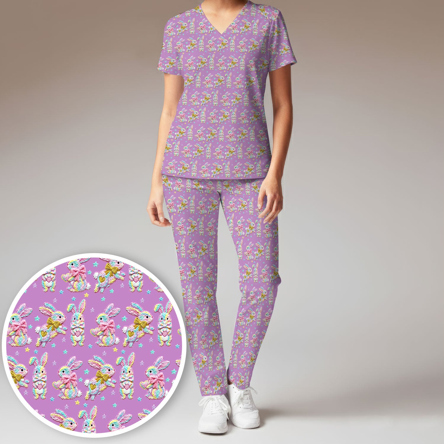 Cartoon Bunny All Over Print Set, Scrub Pants and V Neck Top