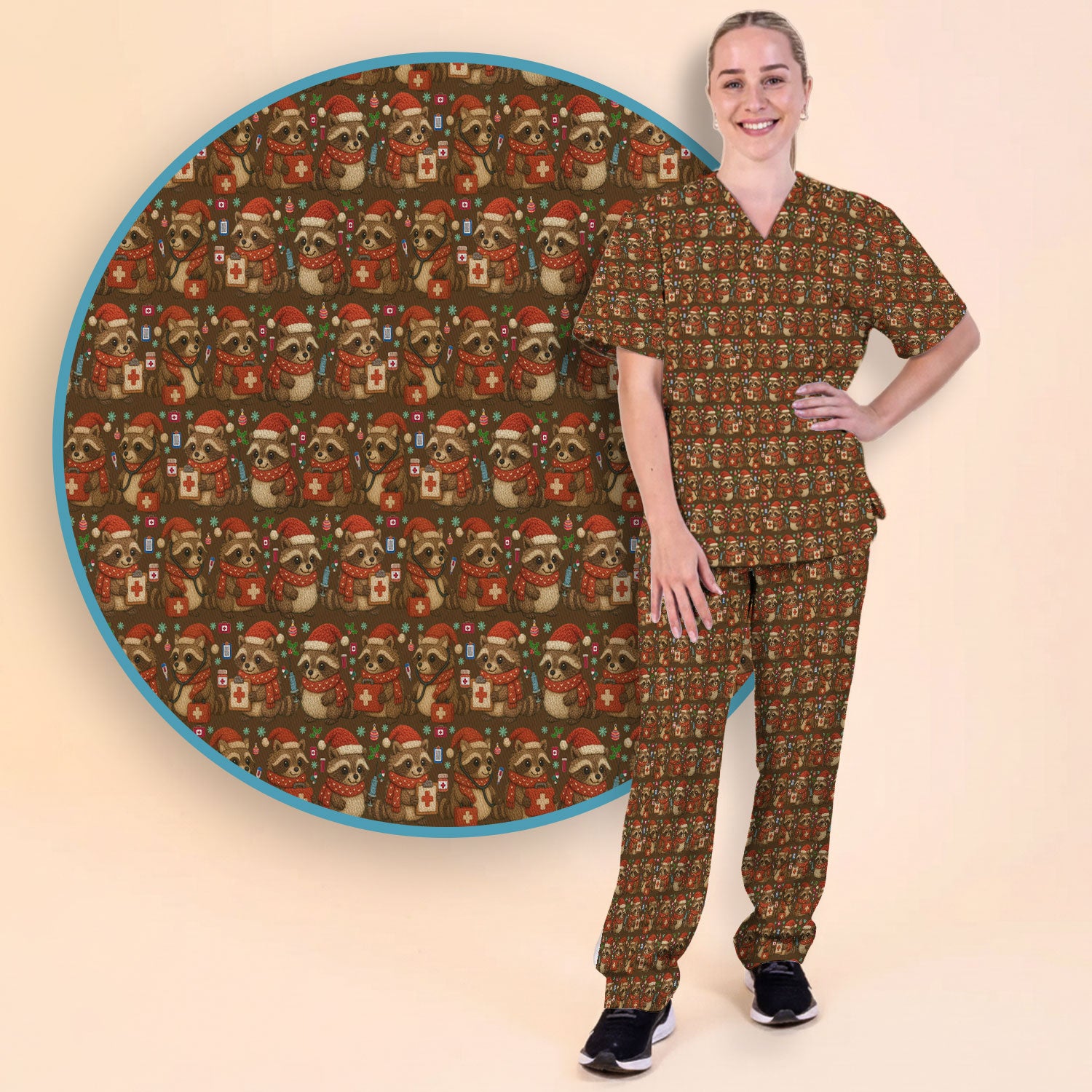 Christmas Scrub Set – Nurse Raccoon Pattern Shirt – Cute Medical Uniform For Nursing