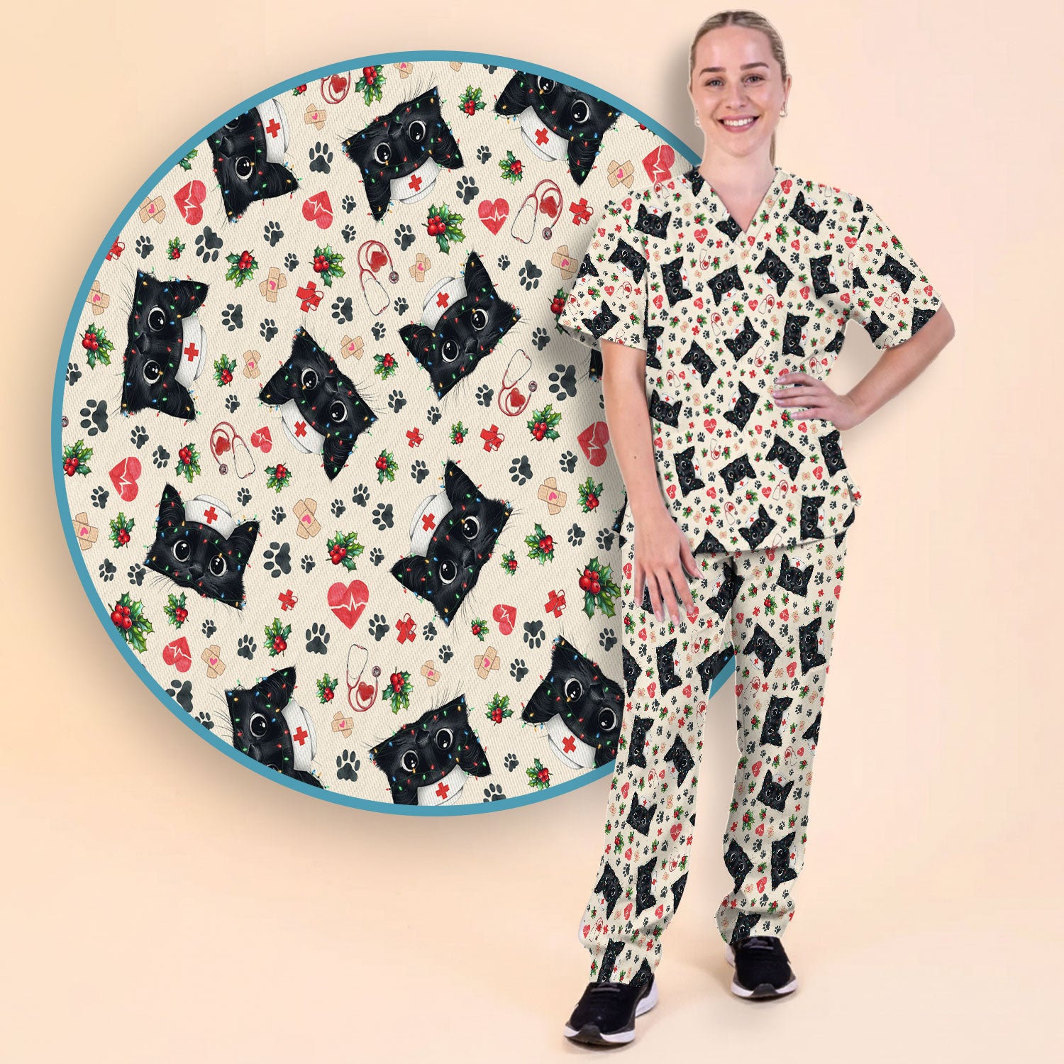 Funny Cats Scrub Set for Nurses - Black Kittens Christmas Scrubs Pants and V Neck Top - Jolly Medical Uniform Gift for RN CNA LPN