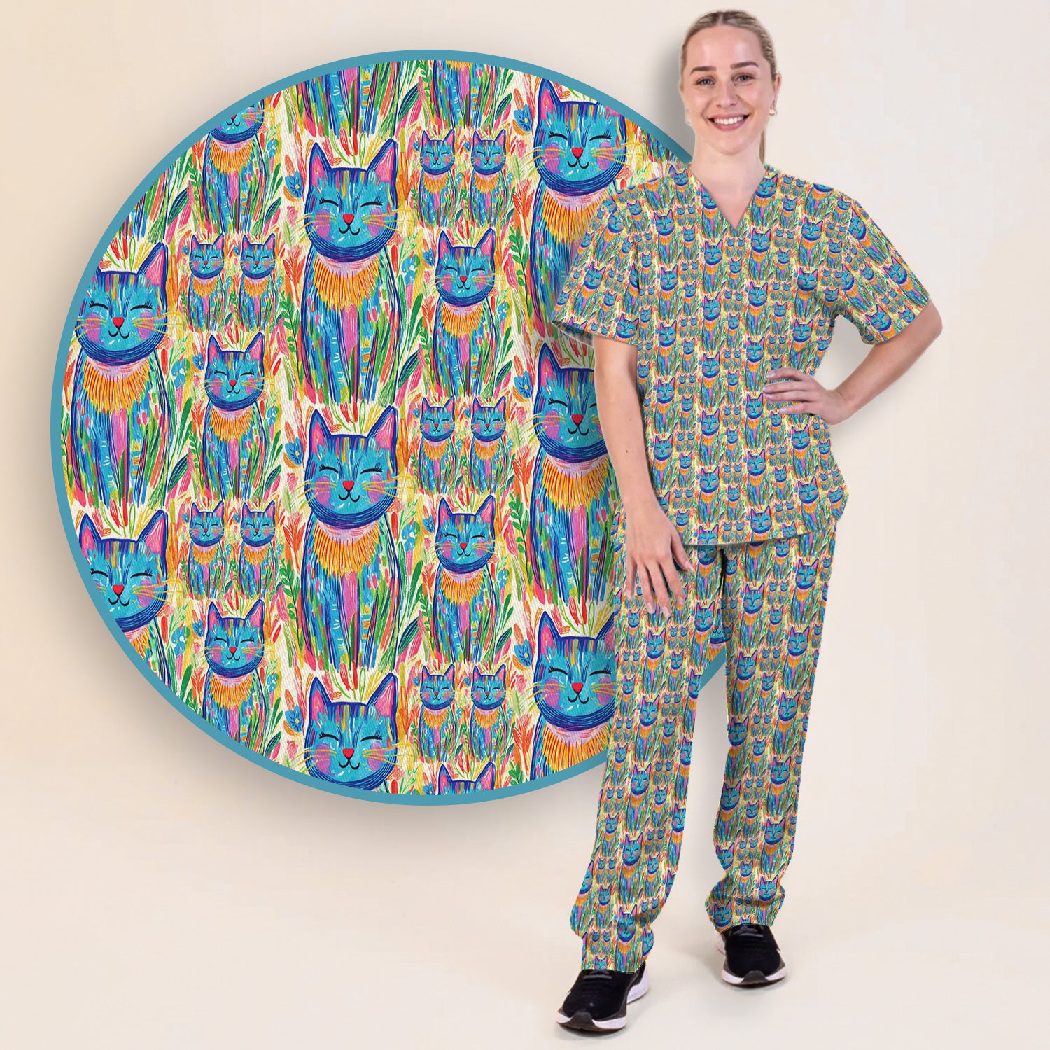 Colorful Rainbow Cat With Floral Brushstroke Scrub Set, Scrub Pants and V Neck Top