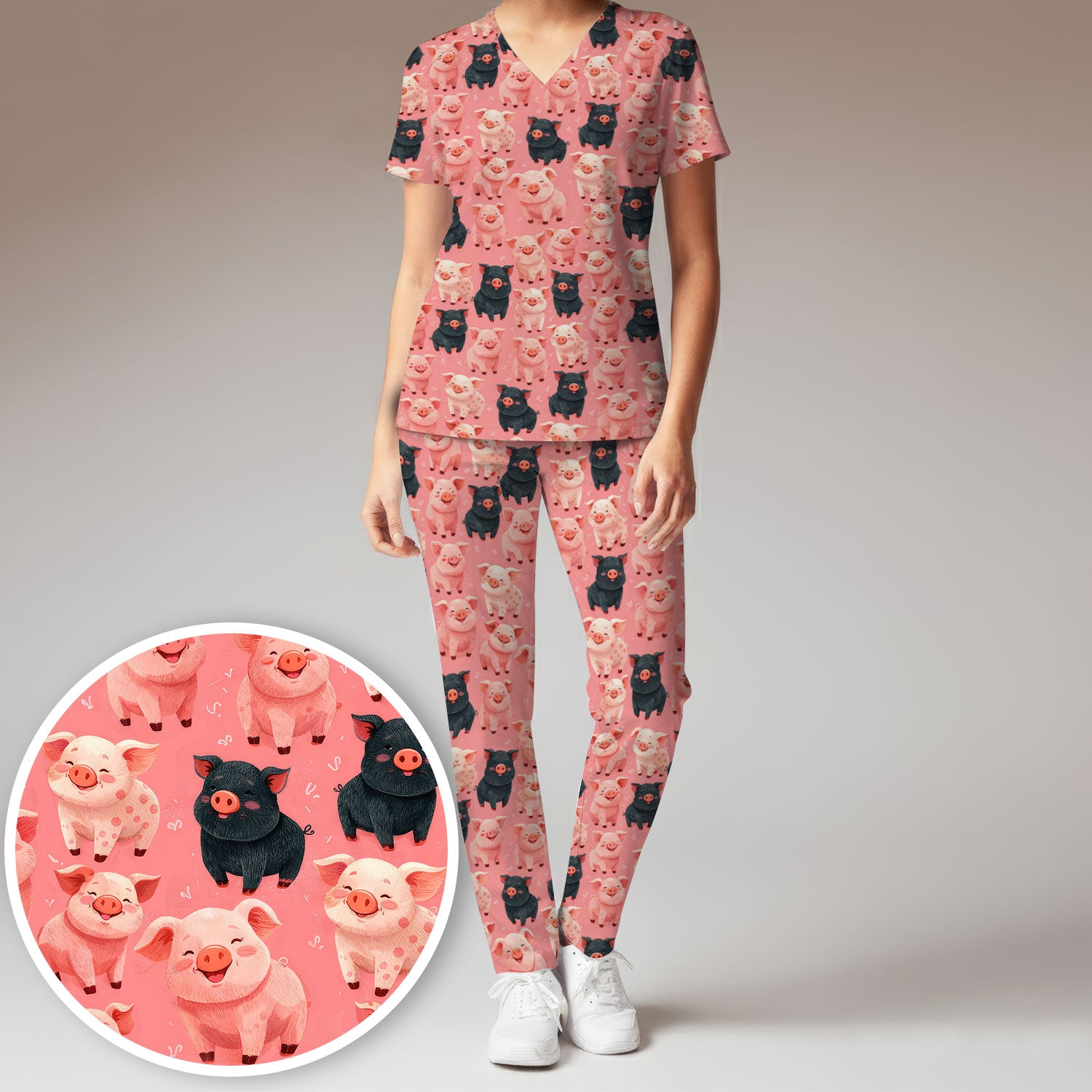 Cartoon Pig Print Scrub Set, Scrub Pants and V Neck Top, Breathable Med Uniform