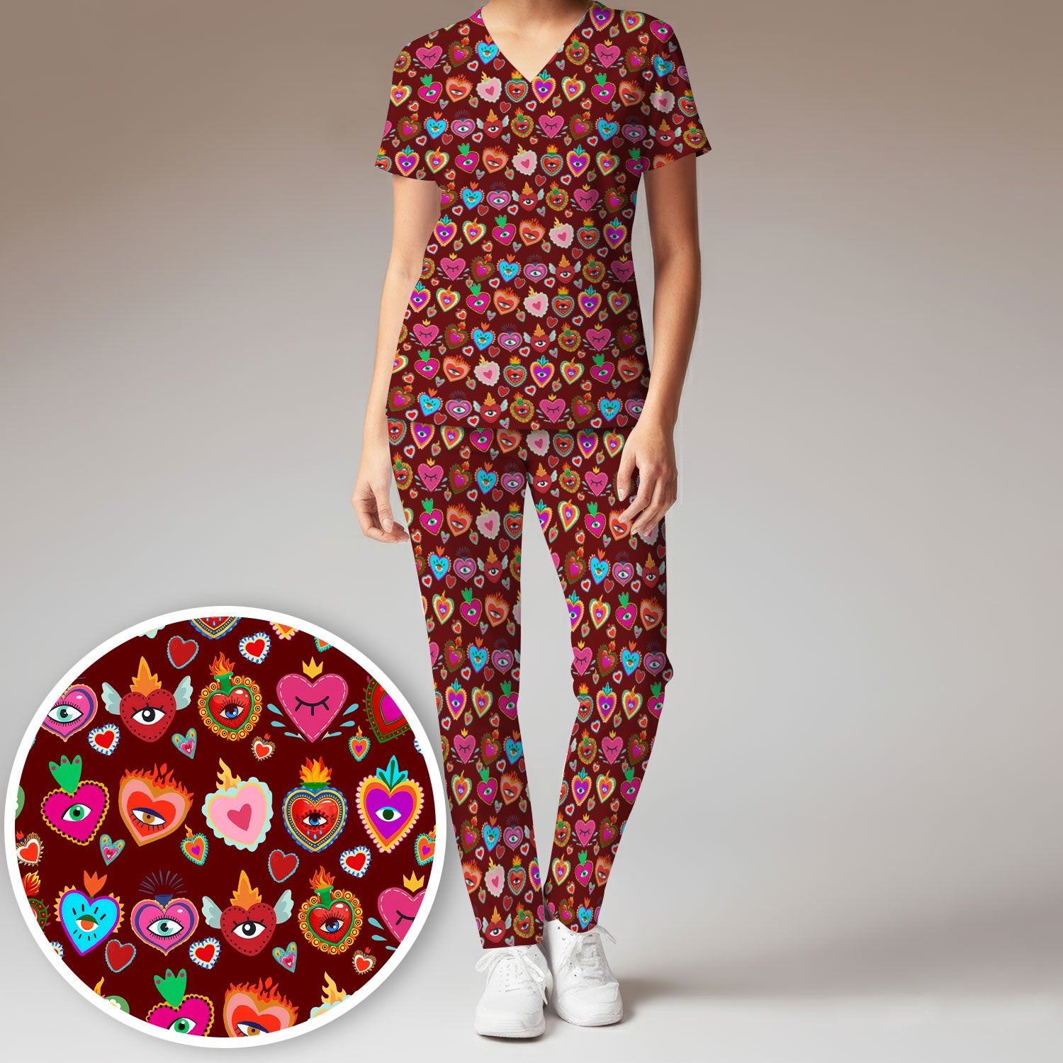 Valentine Colorful Sacred Heart Print Women's Scrub Set, Scrub Pants and V Neck Top