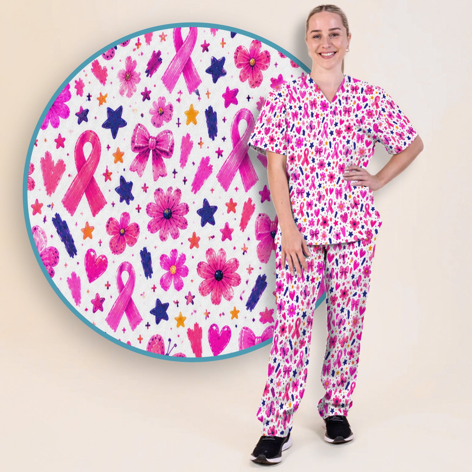 Pink Ribbon Floral Pattern Scrub Set, Scrub Pants and V Neck Top